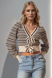 Black Double Take Full Size Striped Bow Decor Cropped Cardigan | Cardigans Daverri Fashions