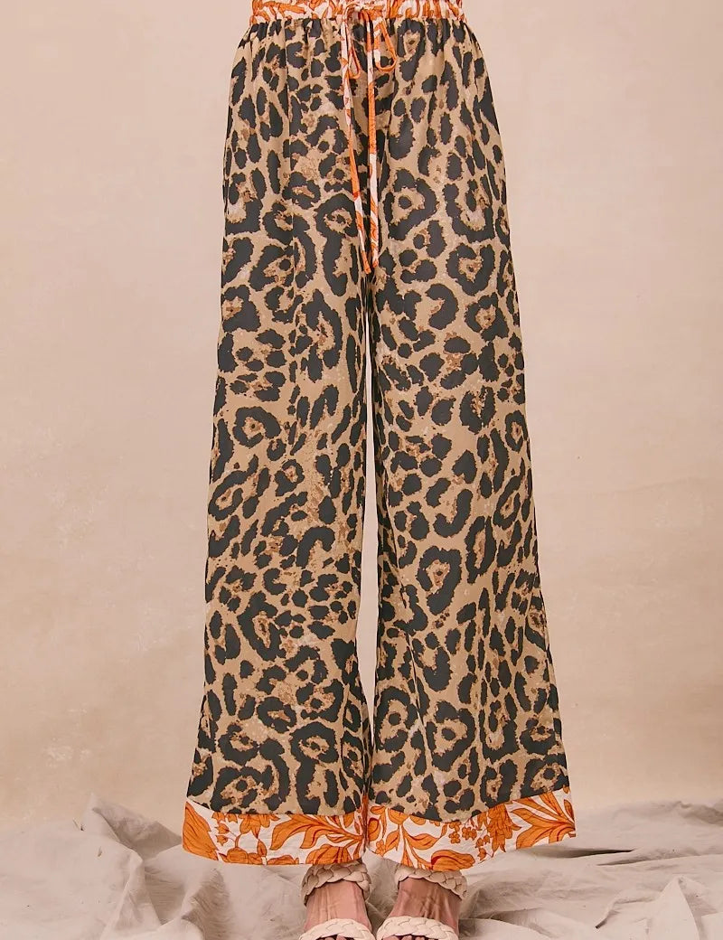 BiBi Leopard Print With Contrast Banded Wide Pants | Pants Daverri Fashions