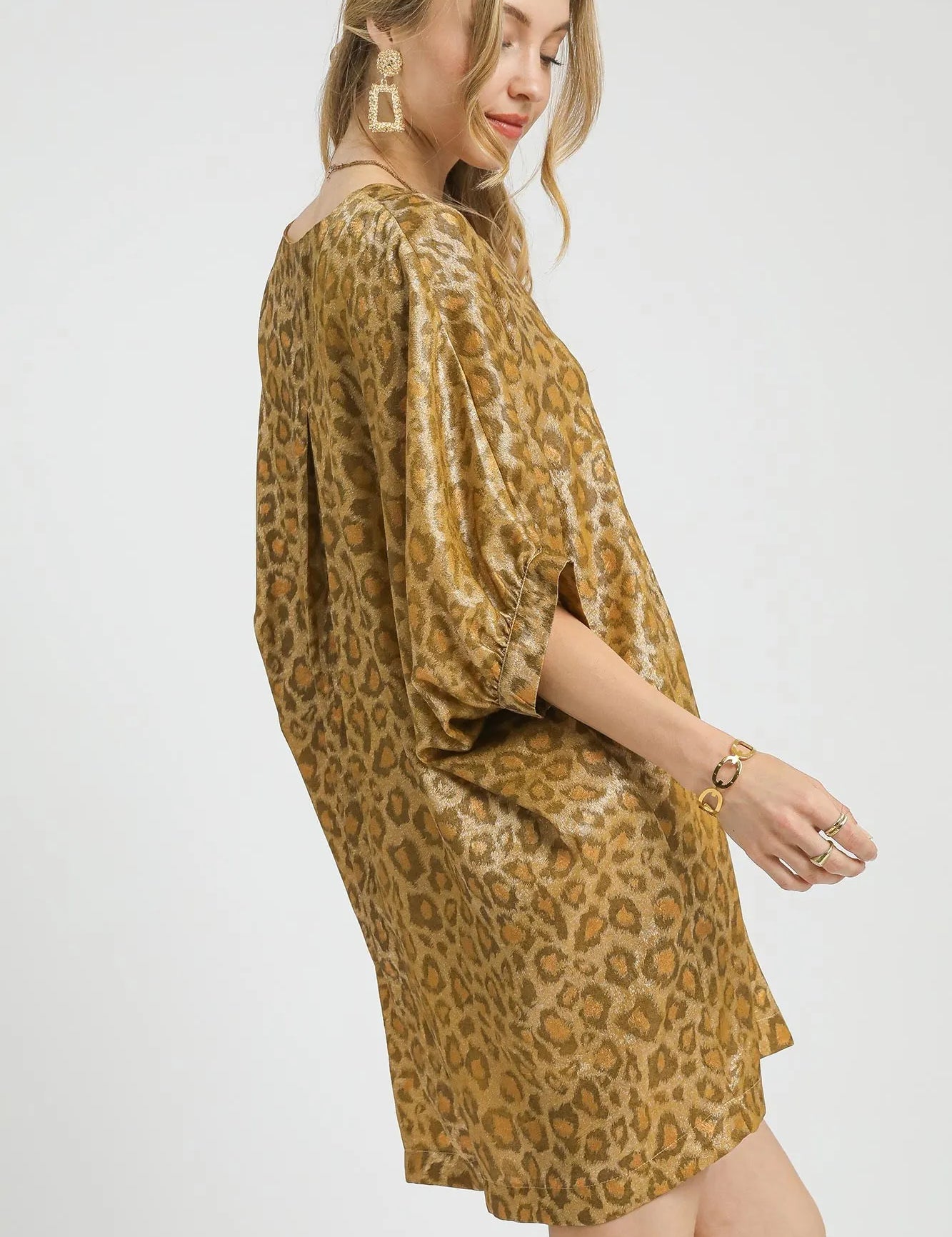Umgee Metallic Leopard Print V-Neck Kimono Dress | Daverri Fashions