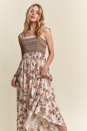 ADORA Smocked Printed Square Neck Tie Shoulder Cami Dress | Daverri Fashions