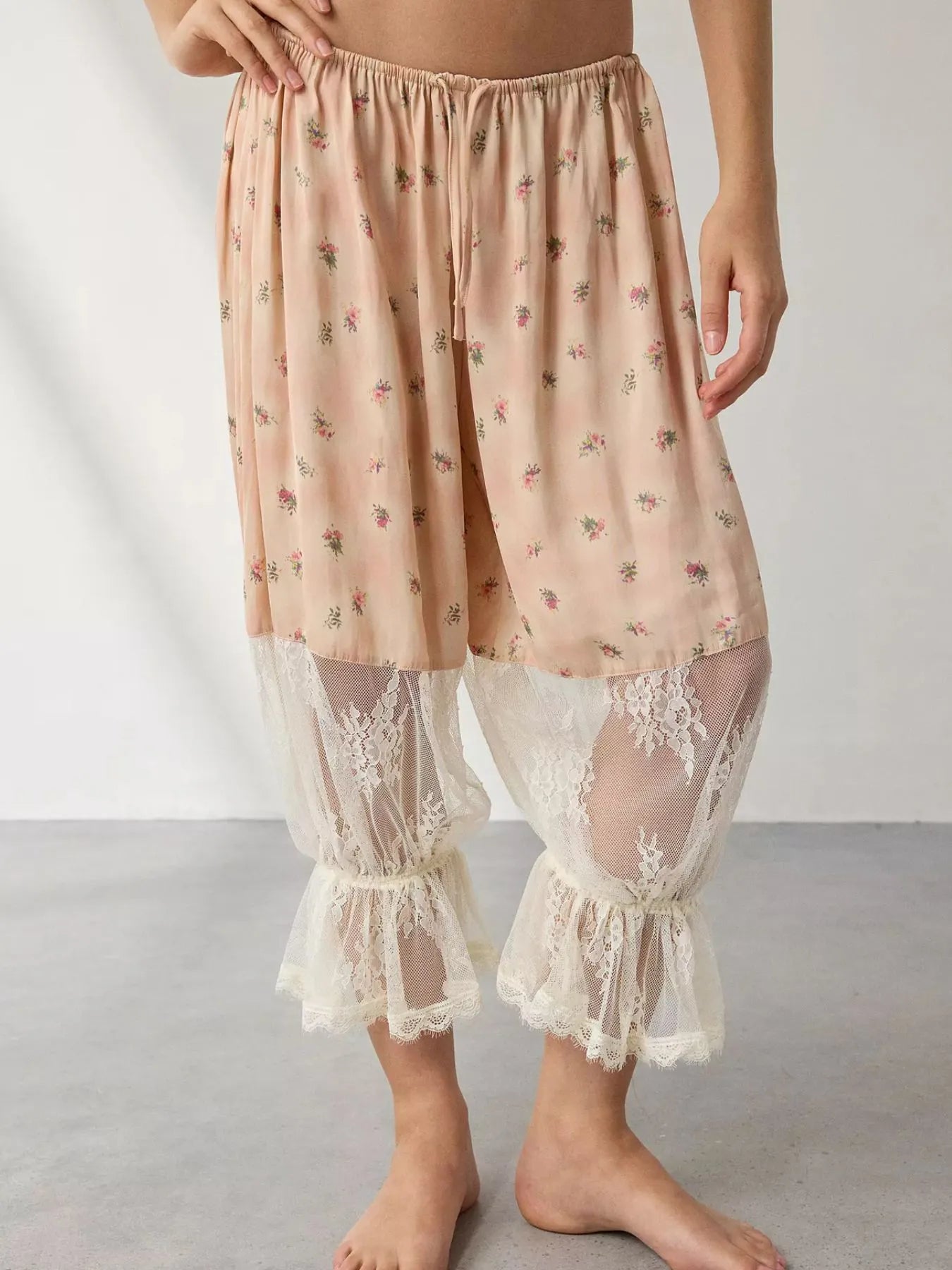 Apricot Floral Lace Patchwork Pants | Pants Daverri Fashions
