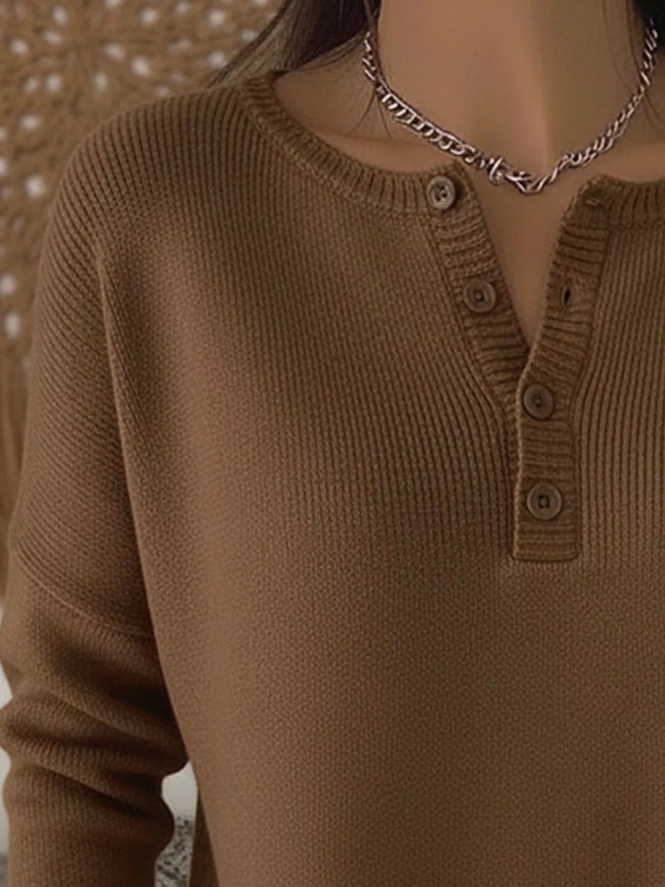 Full Size Half Button Long Sleeve Knit Top Plus Size | Knit Tops Daverri Fashions