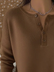 Full Size Half Button Long Sleeve Knit Top Plus Size | Knit Tops Daverri Fashions