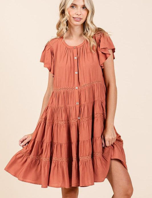 Pumpkin Mittoshop Lace Detail Ruffled Button Down Tiered Dress | Daverri Fashions