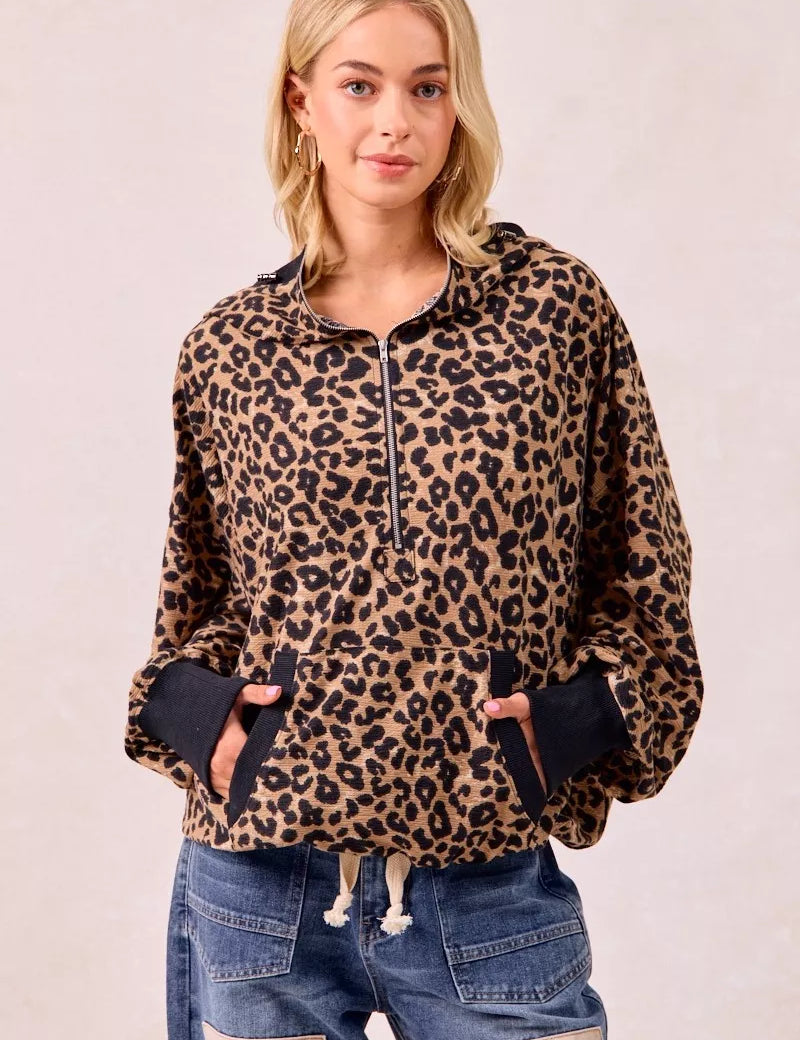 LEOPARD BiBi Leopard Print Waffle Half Zip Up Hoodie W Pocket | Hoodies Daverri Fashions