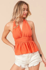 BiBi Back Open With Halter Neck Wrinkled Tank Top | Tops Daverri Fashions