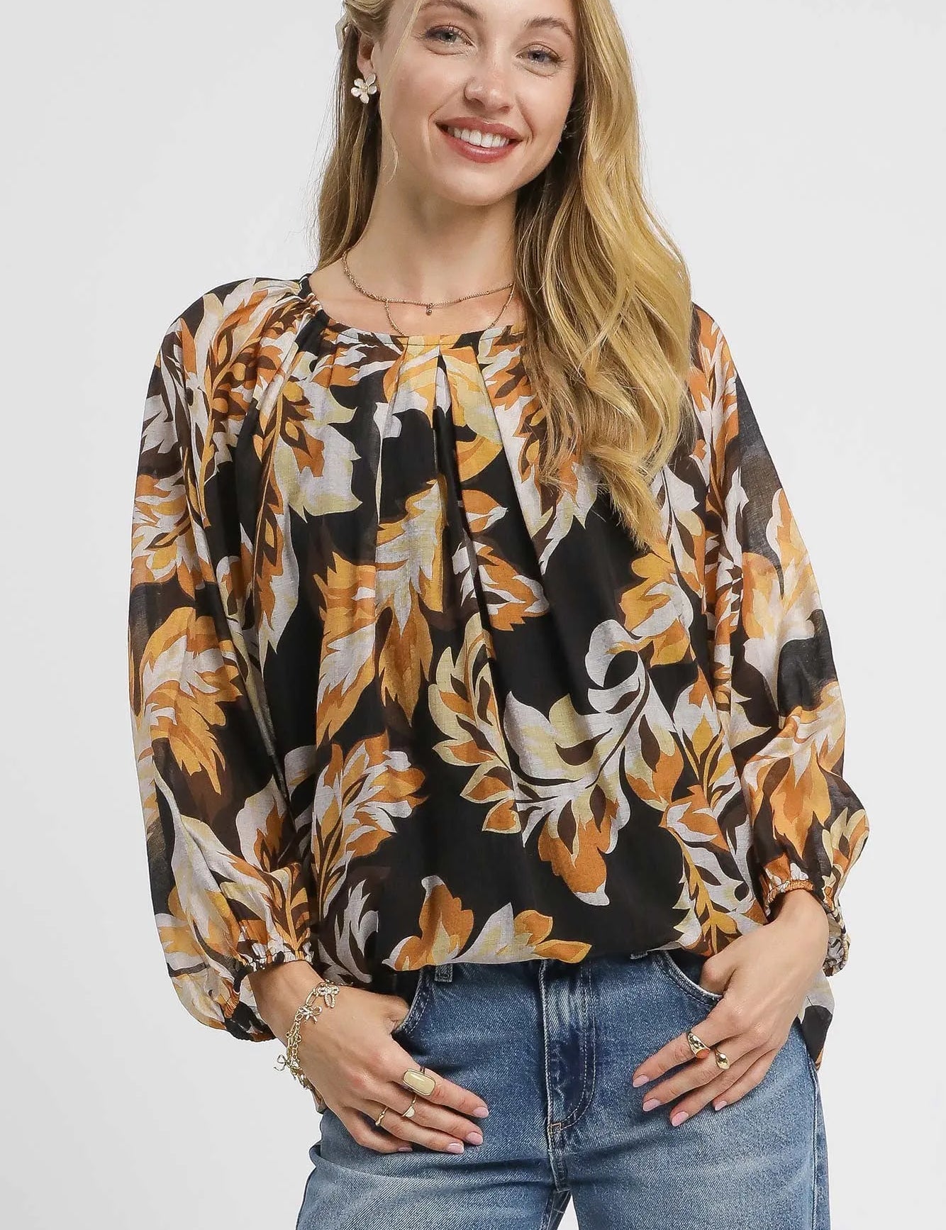 BLACK MIX Umgee Autumn Leaf Print Balloon Sleeve Blouse | Blouses Daverri Fashions
