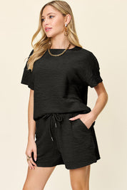 Double Take Full Size Texture Short Sleeve T-Shirt and Drawstring Shorts Set | Outfit Sets Daverri Fashions