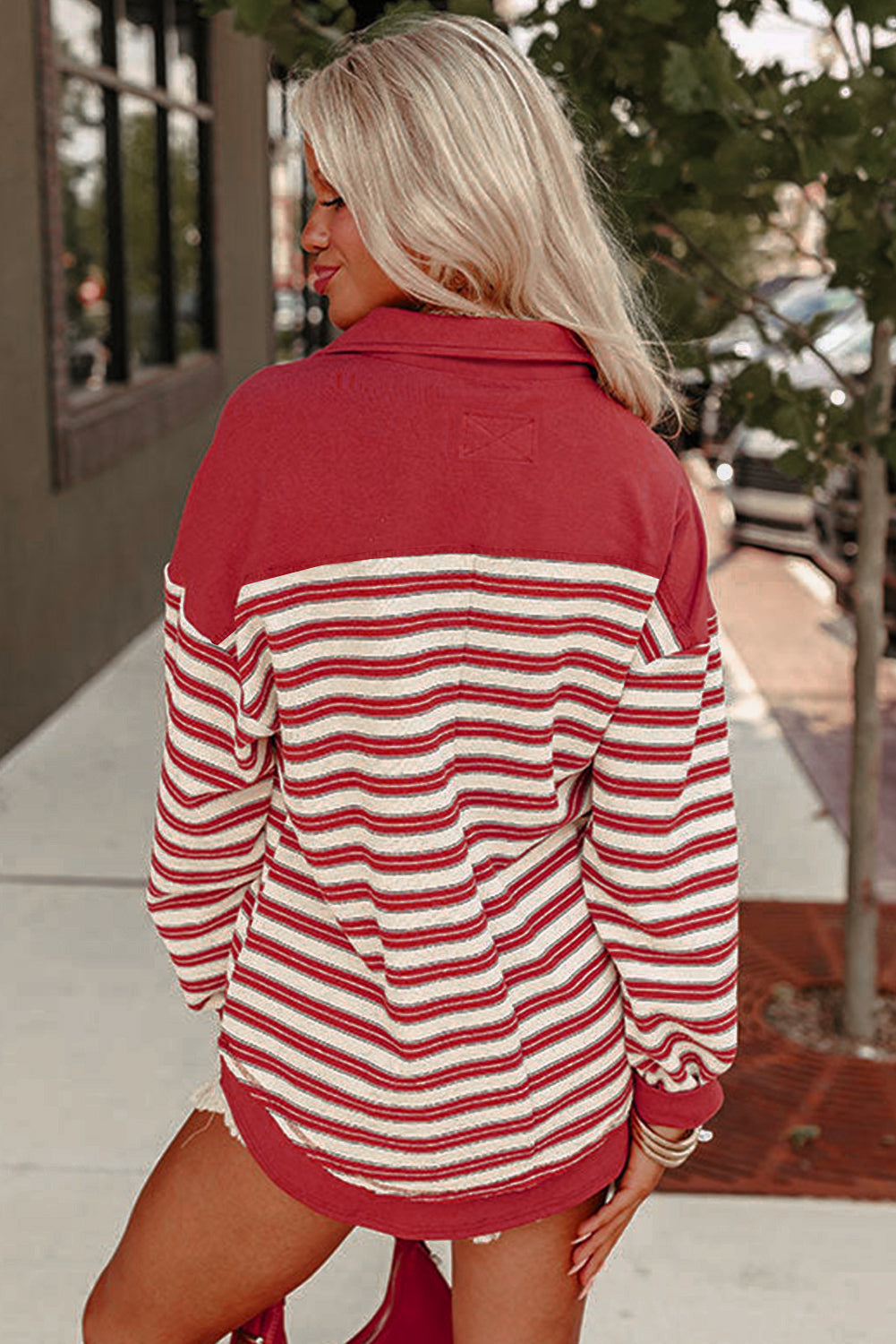 Striped Buttoned V Neck Collared Drop Shoulder Top | Tops/Long Sleeve Tops Daverri Fashions