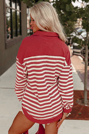 Striped Buttoned V Neck Collared Drop Shoulder Top | Tops/Long Sleeve Tops Daverri Fashions