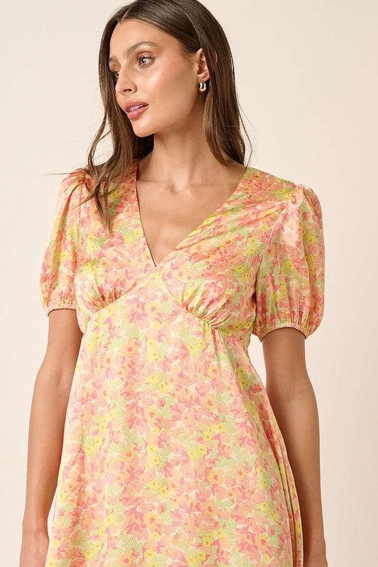 Mittoshop Printed V-Neck Puff Sleeve Mini Dress | Mini Dresses Daverri Fashions
