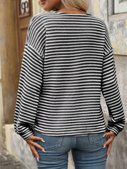 Striped V-Neck Button Front Casual Top | Knit Tops Daverri Fashions