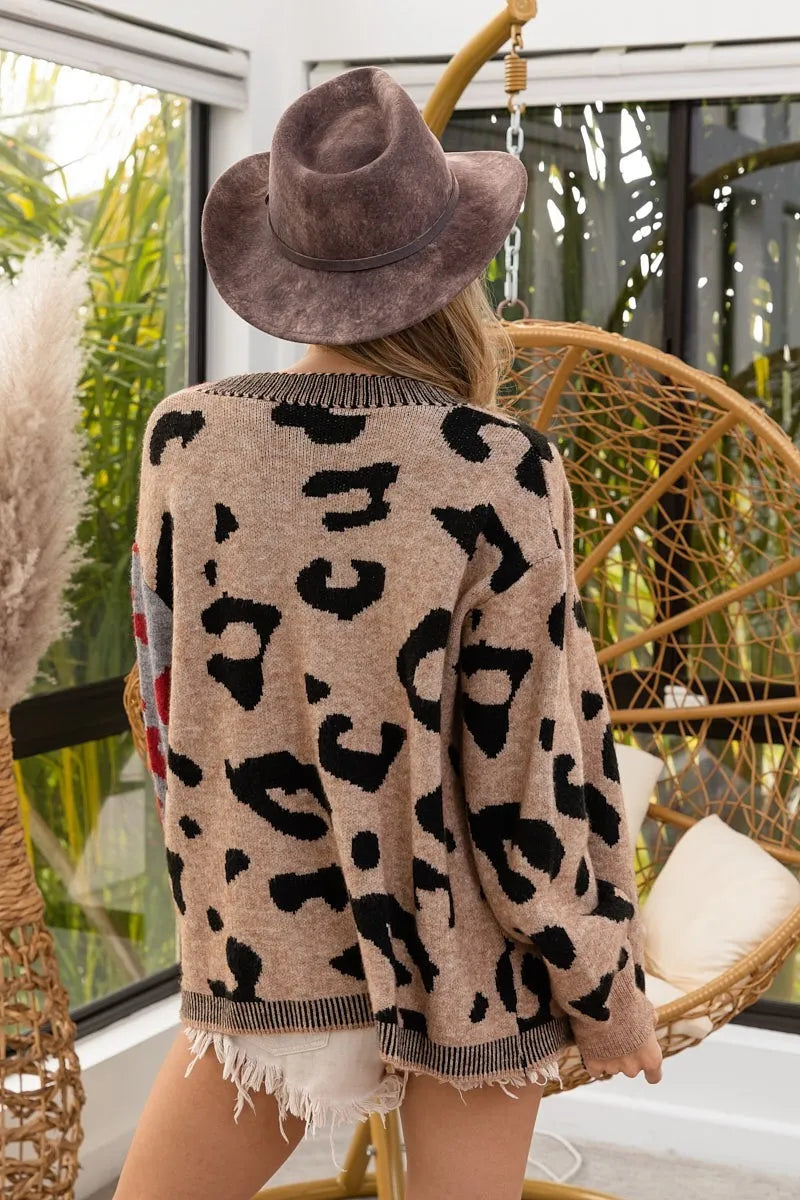 BiBi Leopard Color Block Button Down Sweater Cardigan | Cardigans Daverri Fashions