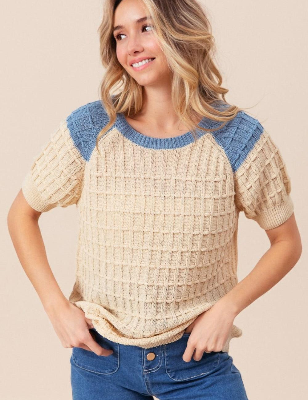 Oatmeal Denim BiBi Textured Contrast Short Sleeve Sweater | Sweaters Daverri Fashions