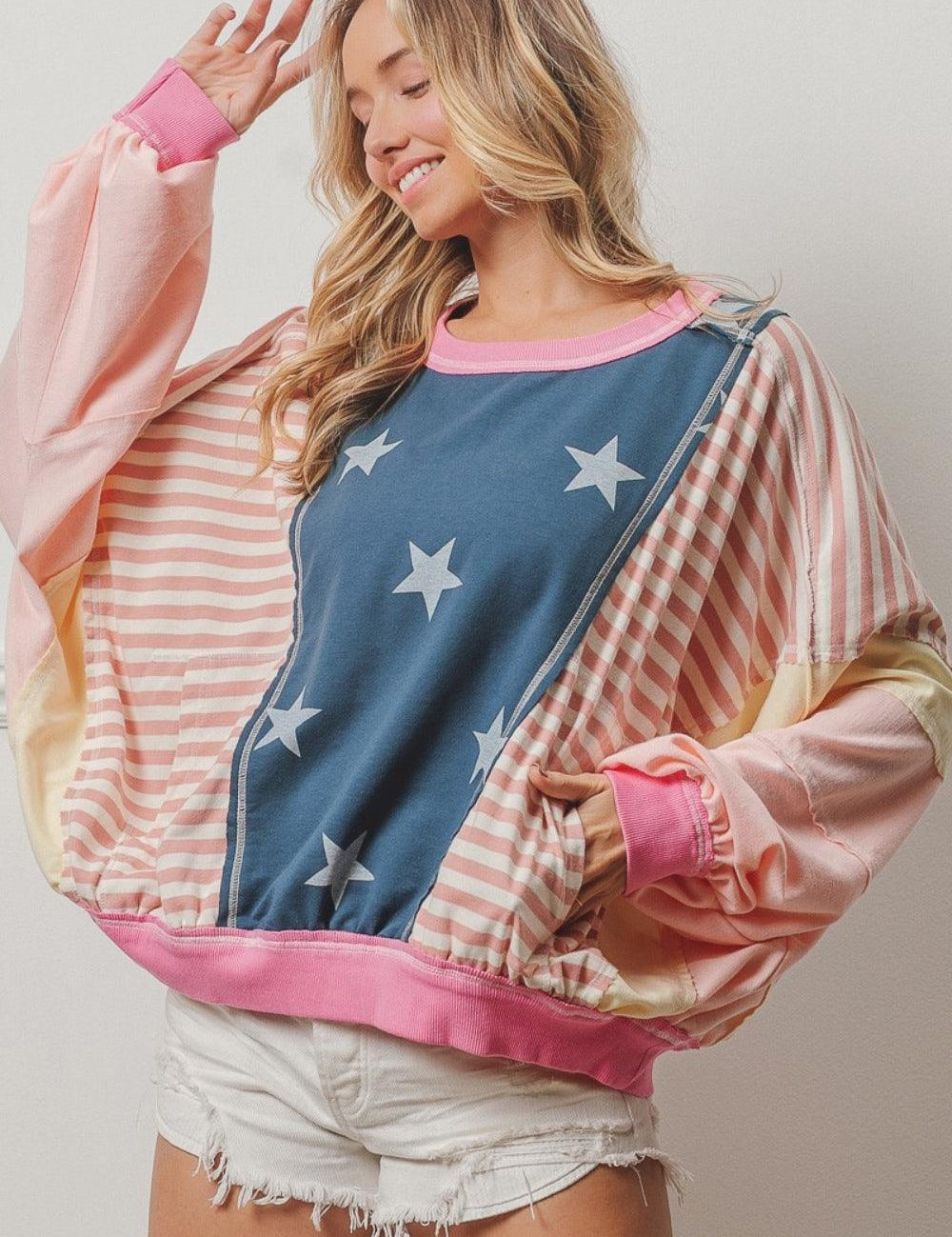 Blush Multi XL BiBi Stars and Stripes Round Neck Long Sleeve Top XL | Tops Daverri Fashions