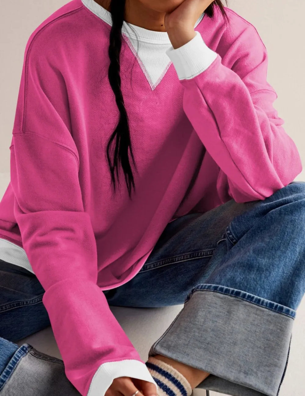 Contrast Dropped Shoulder Long Sleeve Sweatshirt | Sweatshirts Daverri Fashions