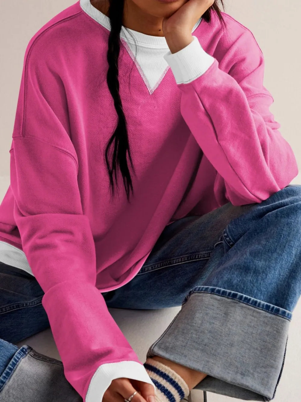 Contrast Dropped Shoulder Long Sleeve Sweatshirt | Sweatshirts Daverri Fashions