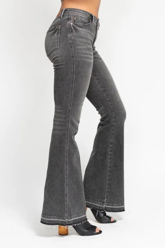 Judy Blue Full Size Mid Rise Tummy Control Washed Gray Release Hem Flare Jeans Plus Size | Daverri Fashions