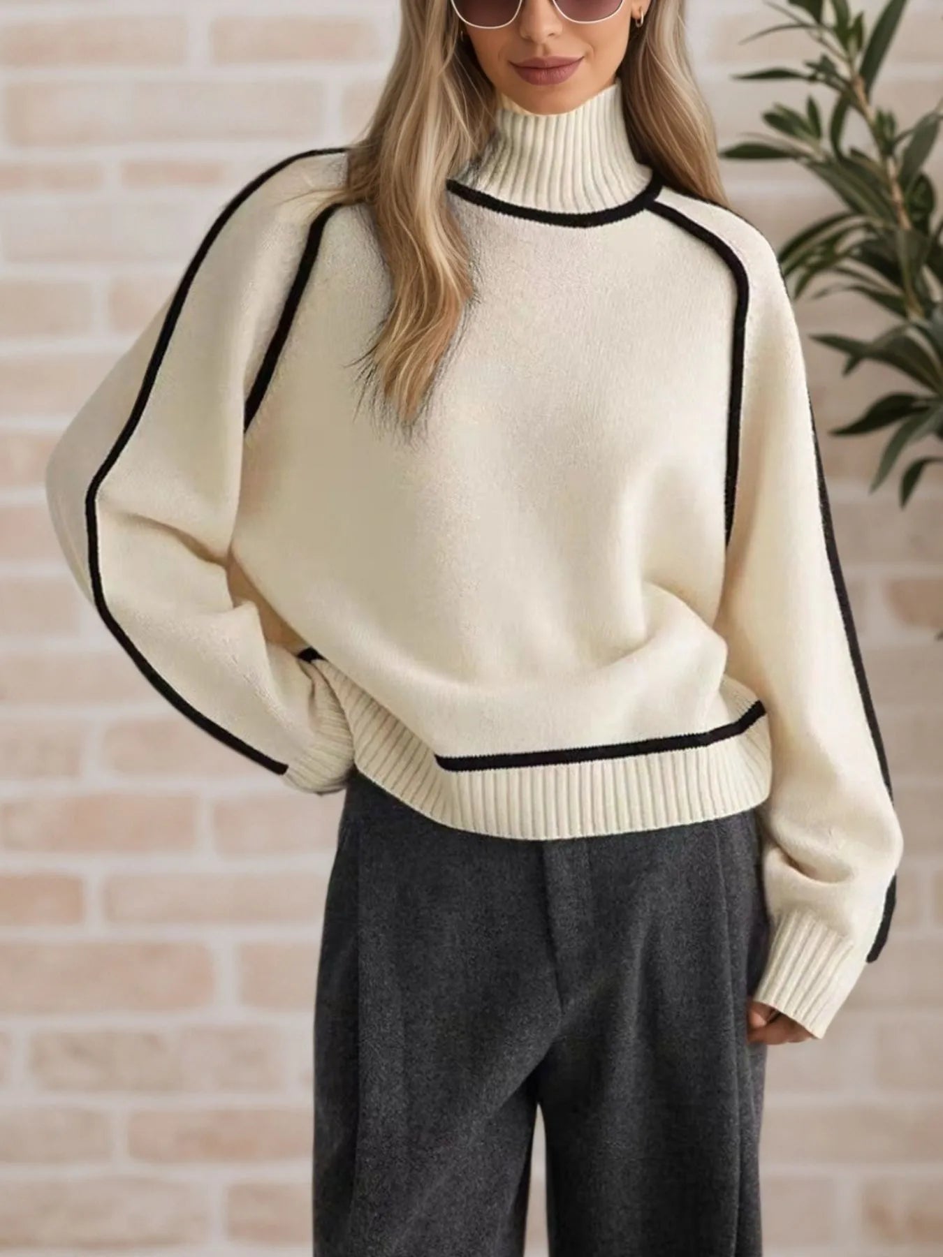 Contrast Trim Turtleneck Sweater | Sweaters Daverri Fashions
