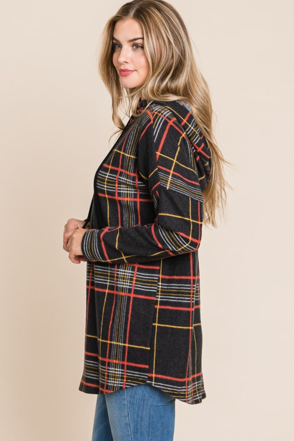 BOMBOM Drawstring Plaid Long Sleeve Hoodie | Daverri Fashions