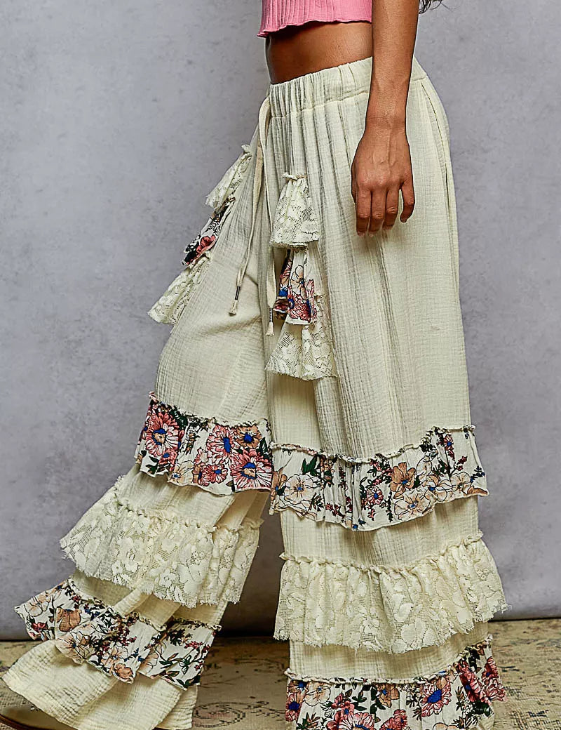 POL Drawstring Double Gauze Wide Leg Pants with Print and Lace Ruffle | Pants Daverri Fashions