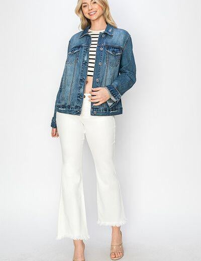 Dark RISEN Full Size Distressed Button Up Jacket | Daverri Fashions