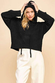 Black Davi & Dani Drop Shoulder Long Sleeve Hooded Sweater | Sweaters Daverri Fashions