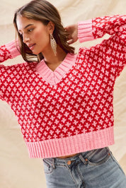 SO ME Color Block Textured Christmas Sweater V Neck Top | Sweaters Daverri Fashions