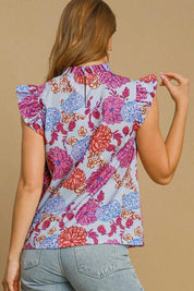 Umgee Full Size Floral Print Ruffled Cap Sleeve Blouse Plus Size | Blouses Daverri Fashions