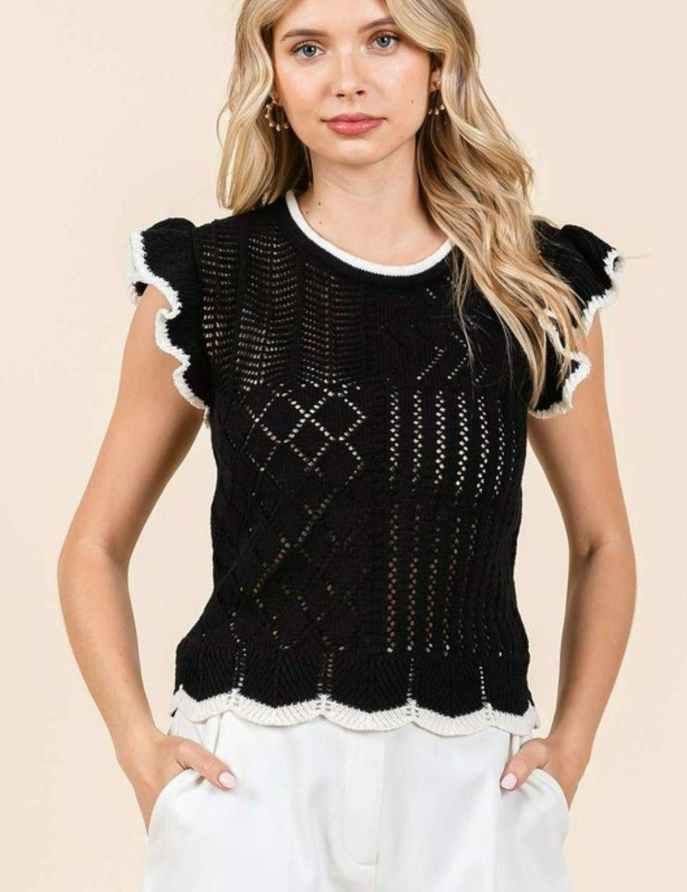 Black Mittoshop Openwork Contrast Trim Ruffled Cap Sleeve Knit Top | Tops Daverri Fashions