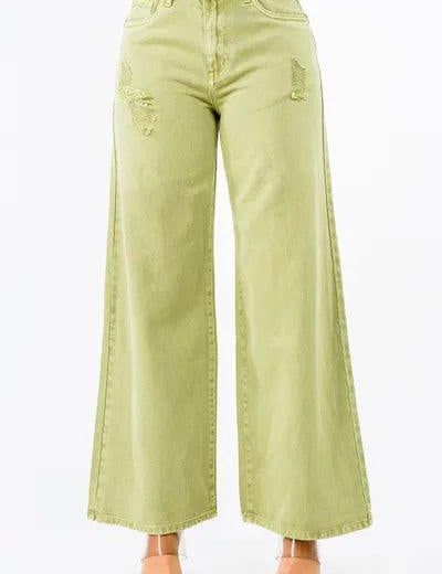 Yellow-Green American Bazi High Waist Distressed Wide Leg Jeans | Jeans Daverri Fashions