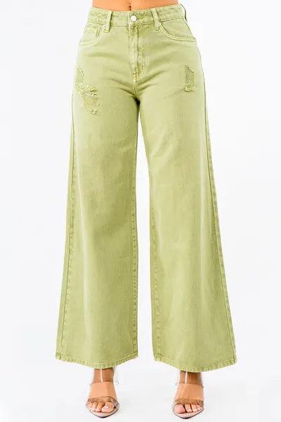Yellow-Green American Bazi High Waist Distressed Wide Leg Jeans | Jeans Daverri Fashions