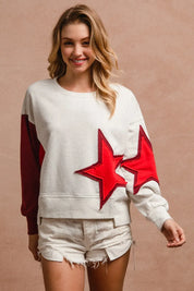 BiBi Star Patch And Spliced Hemline French Terry Long Sleeve Sweatshirt | Daverri Fashions