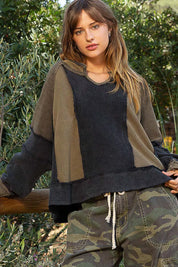 POL Color Block Waffle Knit Raw Hem Sweatshirt | Sweatshirts Daverri Fashions