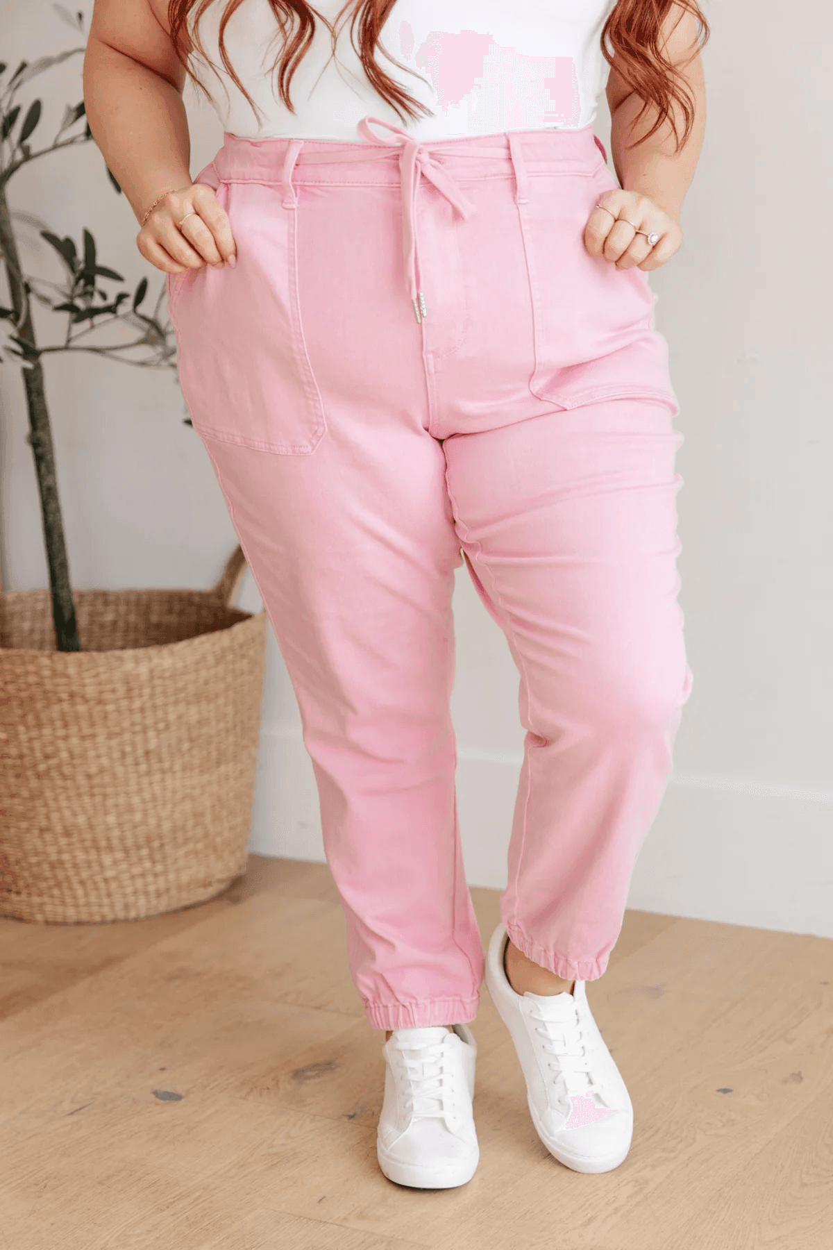 High Rise Pink Denim Joggers | Denim Joggers Daverri Fashions