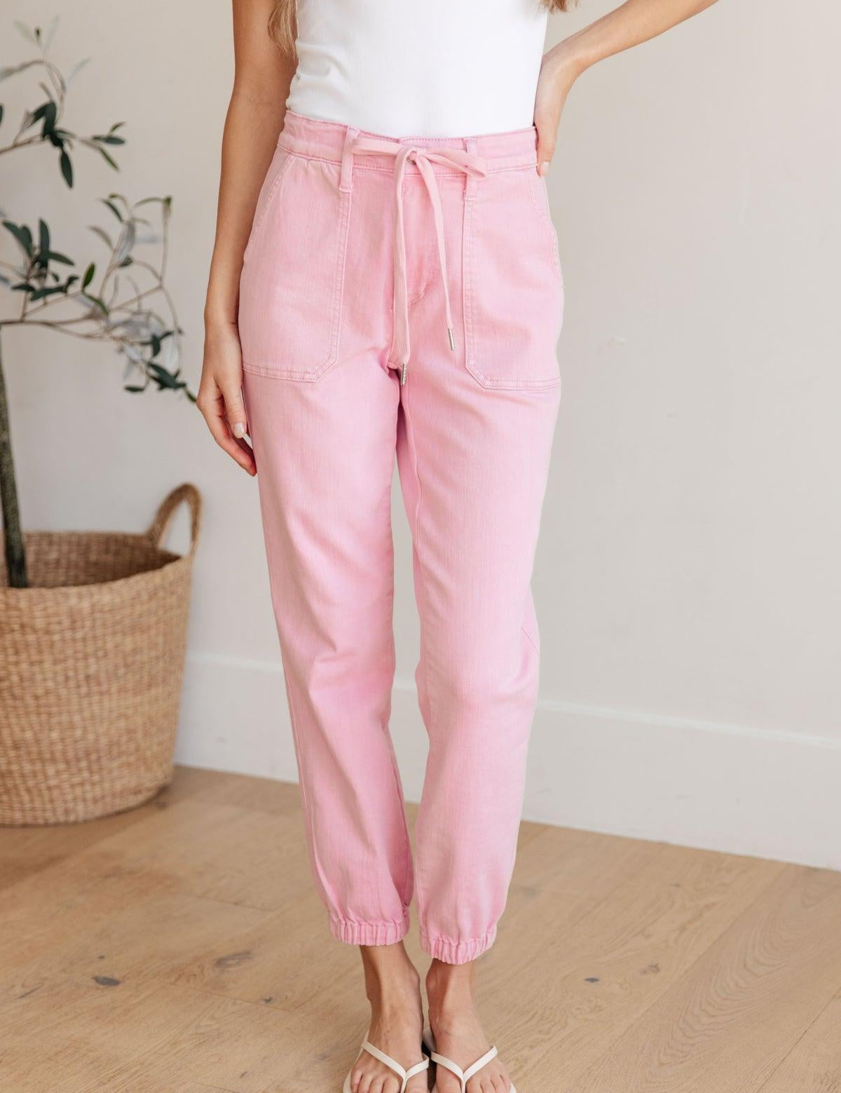 High Rise Pink Denim Joggers | Denim Joggers Daverri Fashions