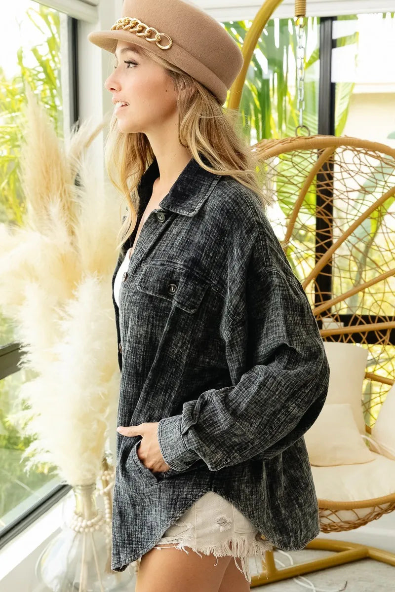 BiBi Vintage Washed Wrinkle Gauze Shacket | Daverri Fashions