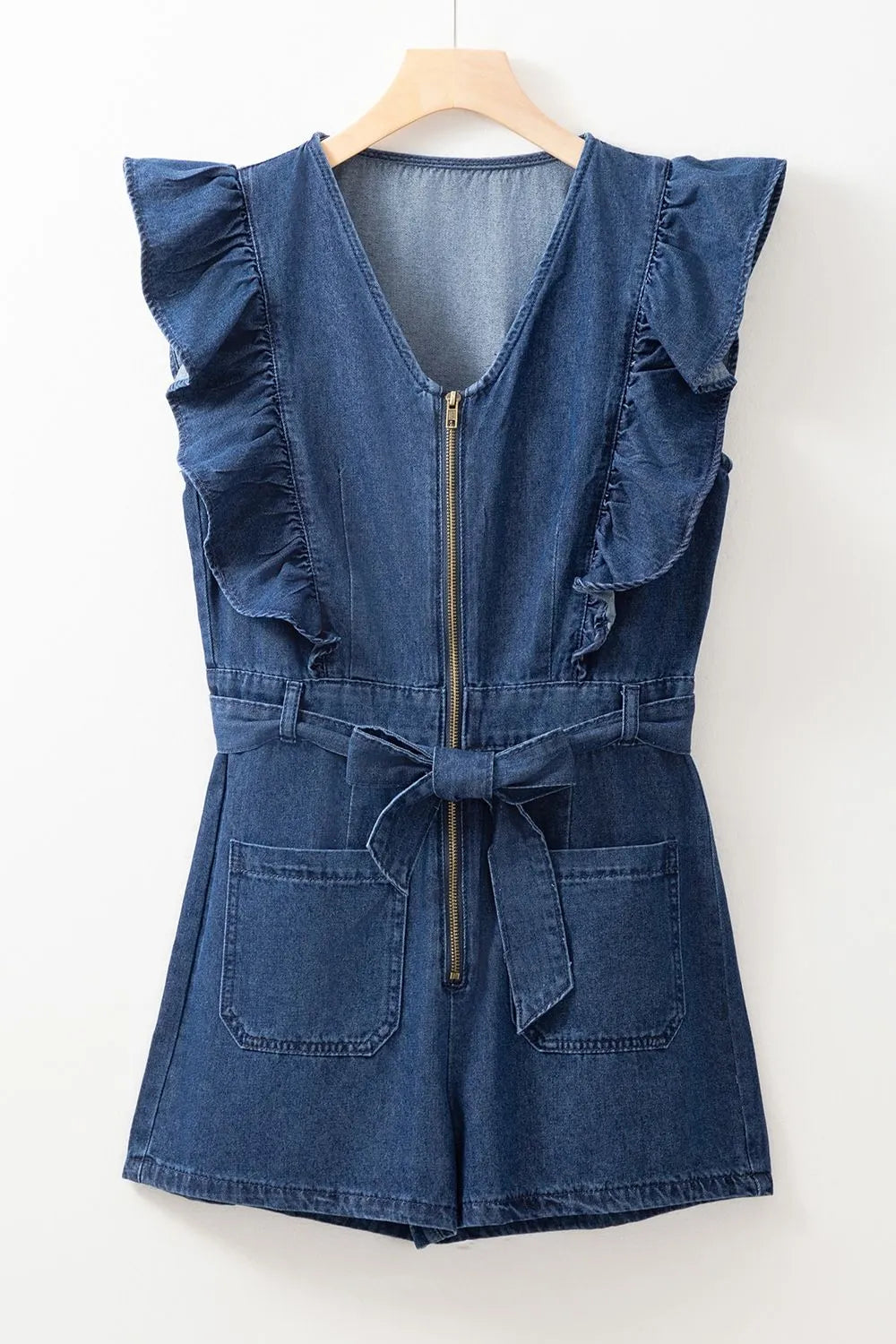 Denim Ruffled Zipped Front Belted Romper | Rompers Daverri Fashions