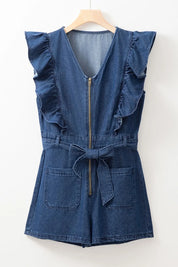 Denim Ruffled Zipped Front Belted Romper | Rompers Daverri Fashions
