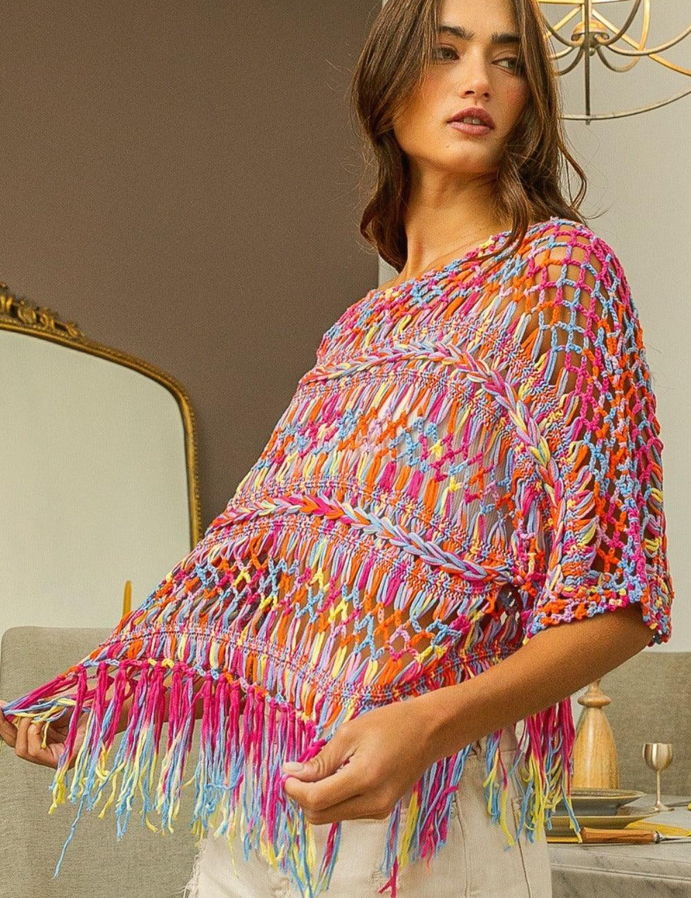 Burnt Orange Multi BiBi Openwork Fringed Knit Cover Up | Cover-Ups Daverri Fashions