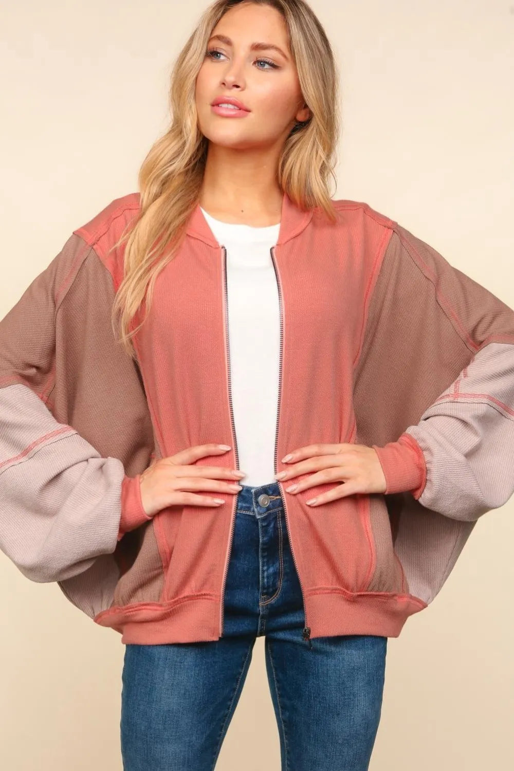 Haptics Zip Up Color Block Bomber Jacket with Side Pockets | Daverri Fashions