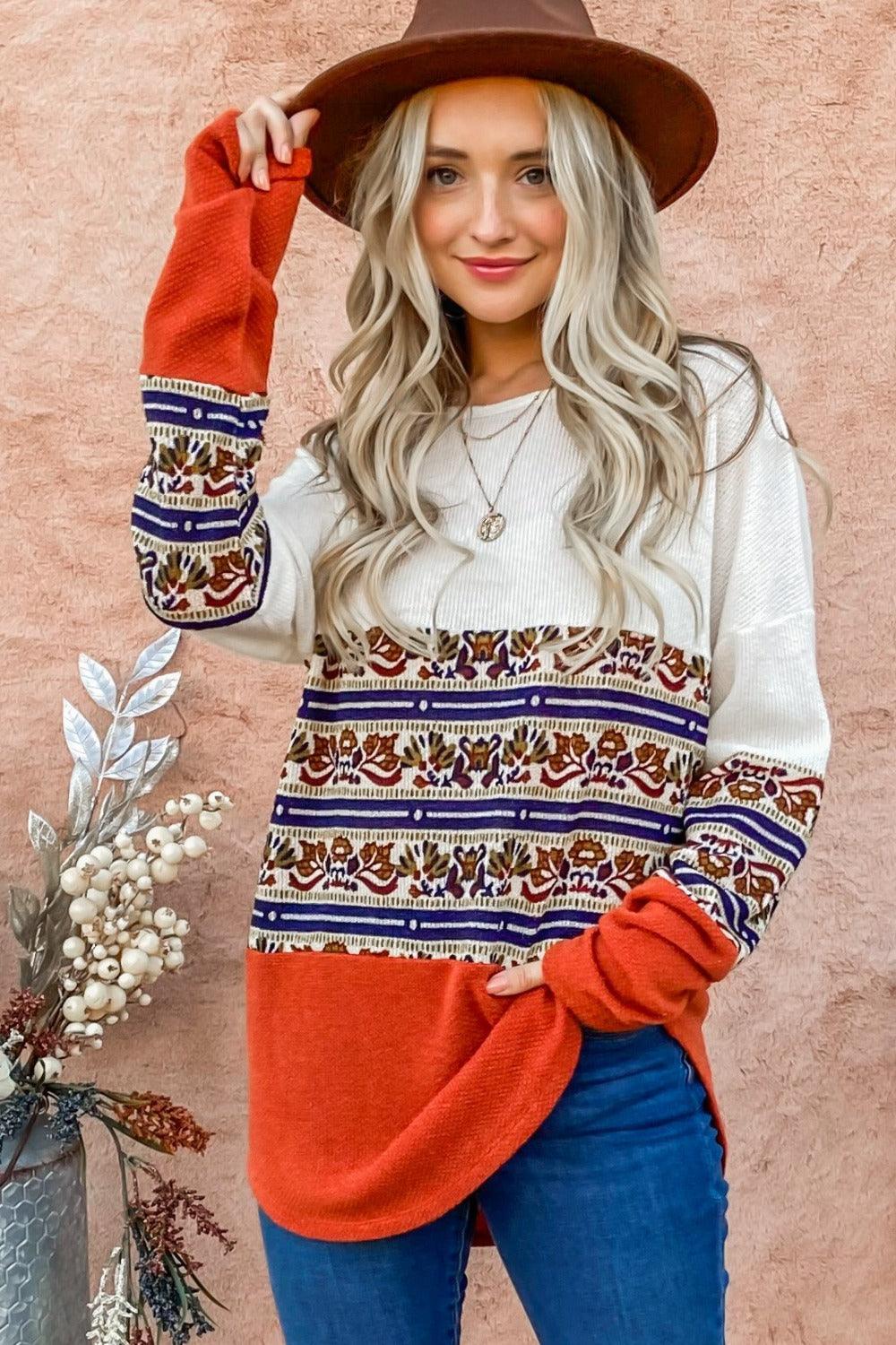 Rust And The Why Ethnic Print Color Block Top | Tops Daverri Fashions