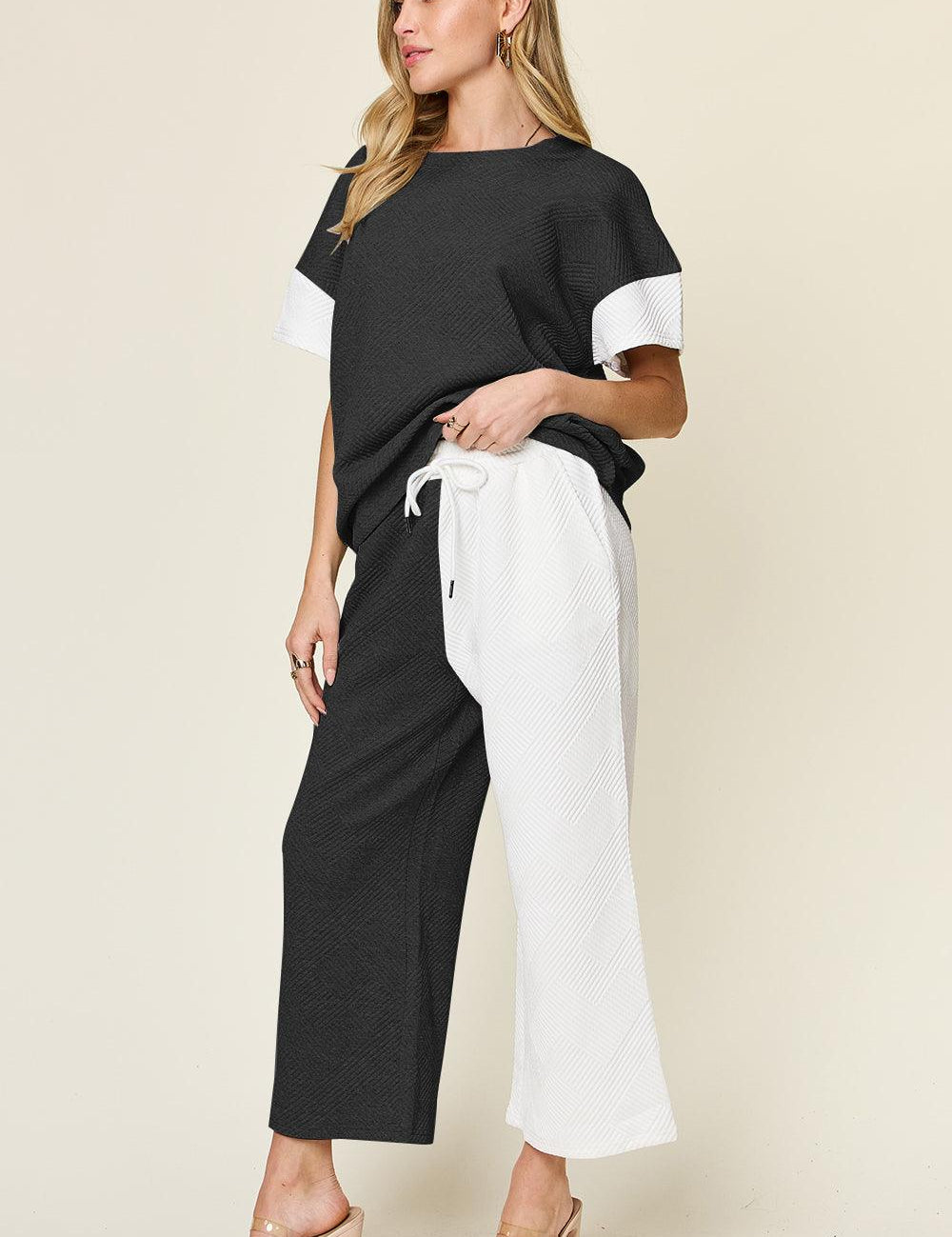 Double Take Full Size Texture Contrast T-Shirt and Wide Leg Pants Set | Outfit Sets Daverri Fashions
