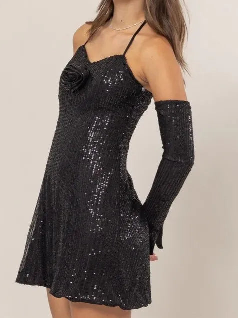 BLACK HYFVE Sequin Rosette Halter Mini Dress | Outfit Sets Daverri Fashions