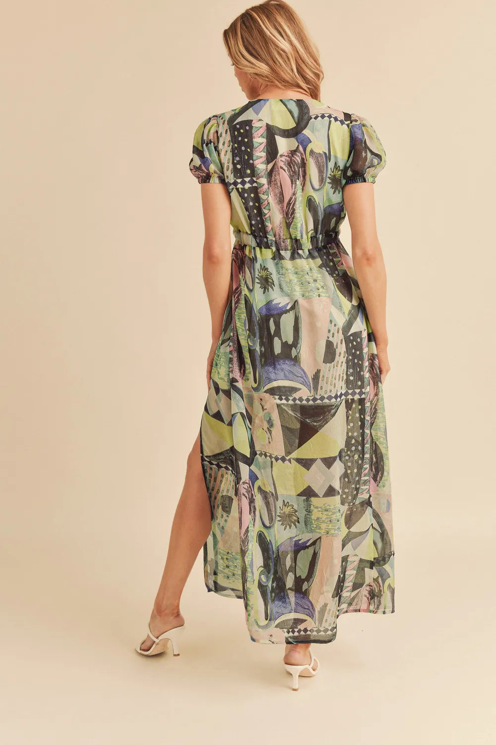 Aemi + Co Lace Detail Slit Geometric Print Short Sleeve Maxi Dress | Daverri Fashions