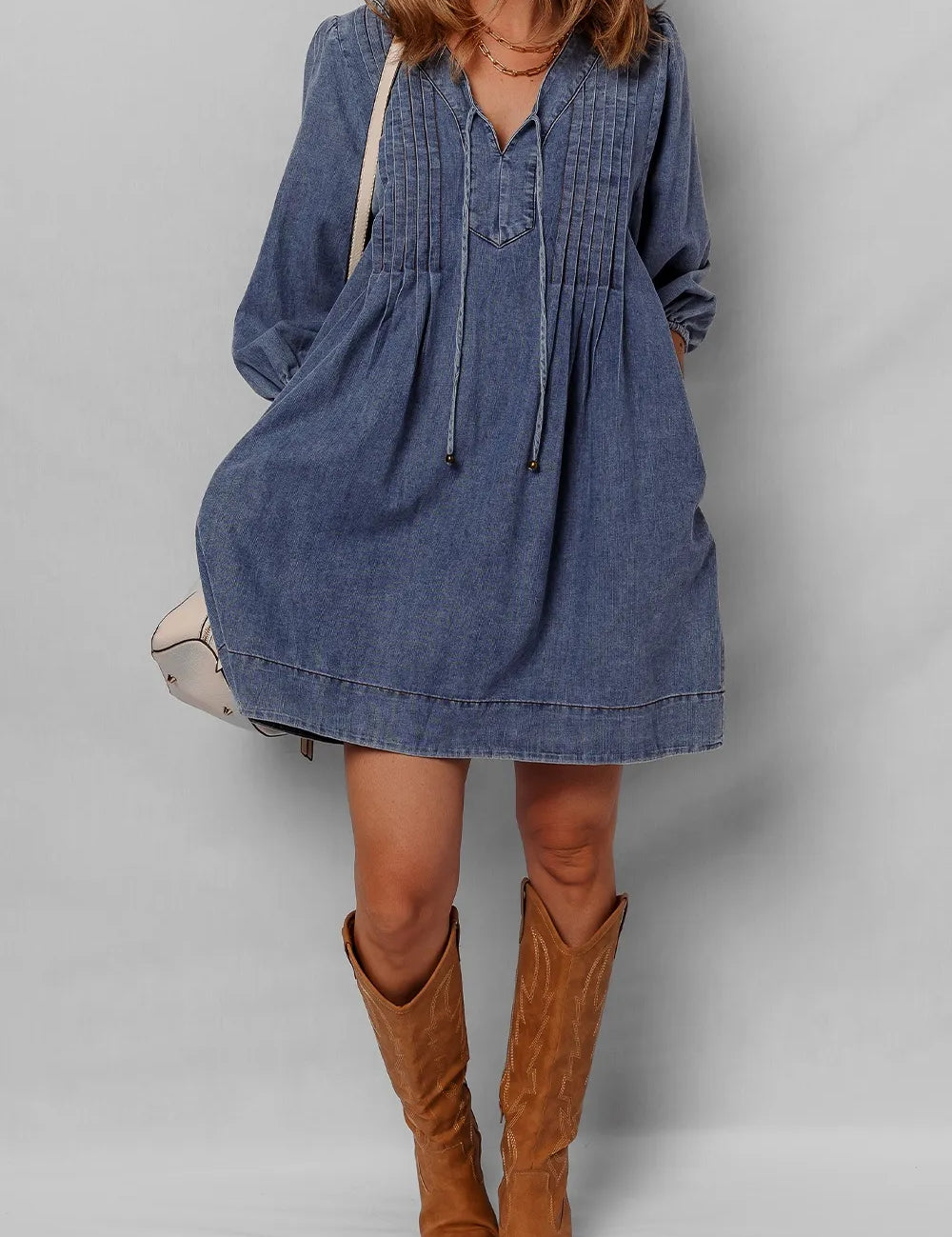 Tie Neck Long Sleeve Mini Denim Dress | Mini Dresses Daverri Fashions