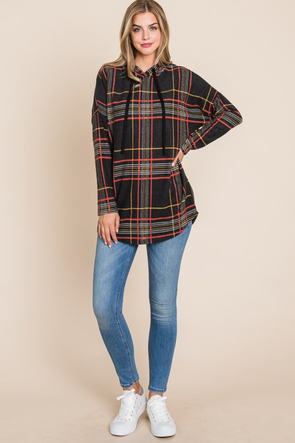BOMBOM Drawstring Plaid Long Sleeve Hoodie | Daverri Fashions