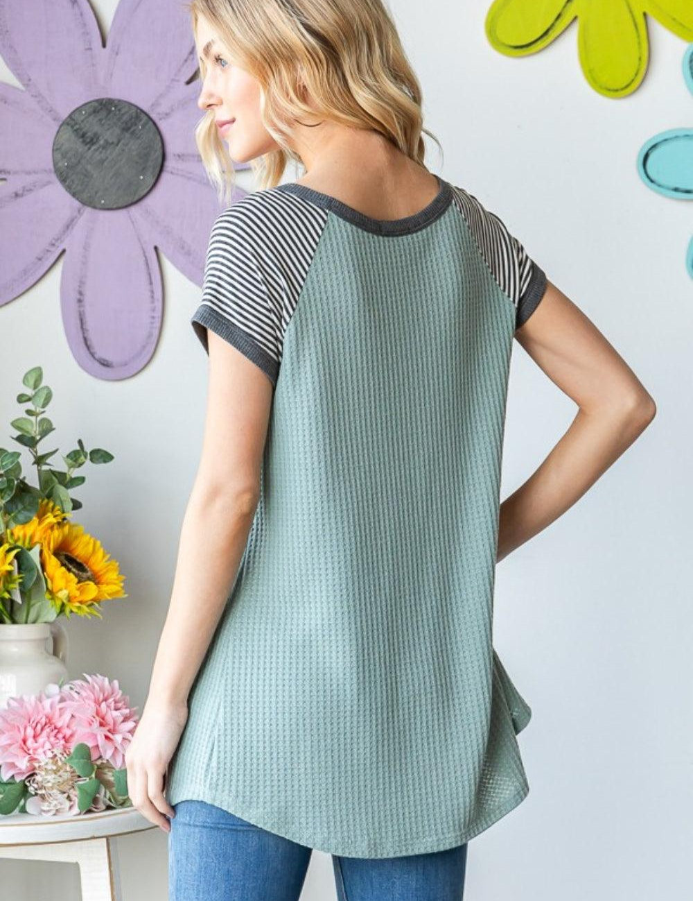 Heimish Full Size Striped Short Sleeve Waffle T-Shirt | Daverri Fashions