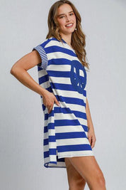 Umgee Peace Applique Striped Short Sleeve Mini Dress | Mini Dresses Daverri Fashions