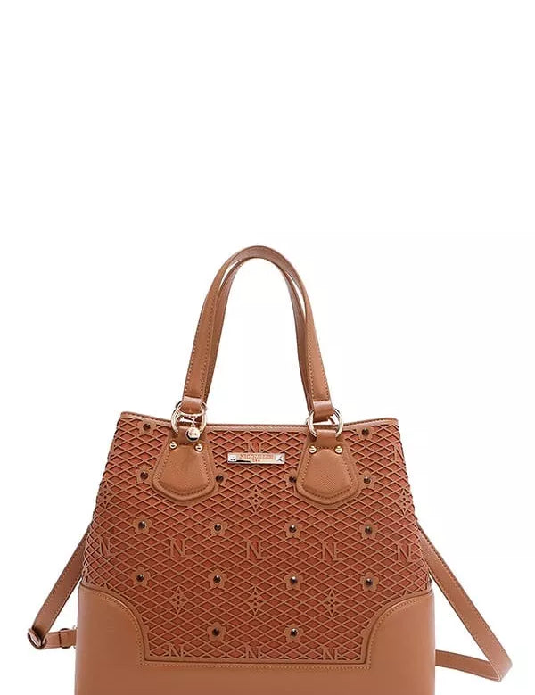 BROWN OS Monogram Pattern Handbag with Rhinestones Decor | Handbags Daverri Fashions